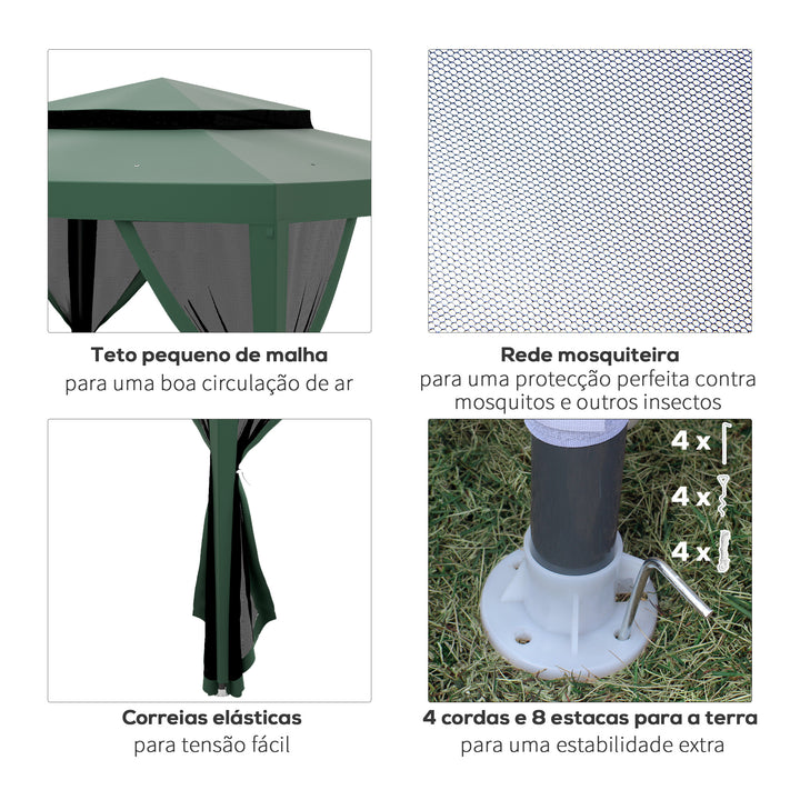 Pérgola de Jardim 297x297cm Pérgola com 4 Mosquiteiras Teto Duplo 8 Orifícios de Drenagem e Estrutura de Metal para Pátio Exterior Verde