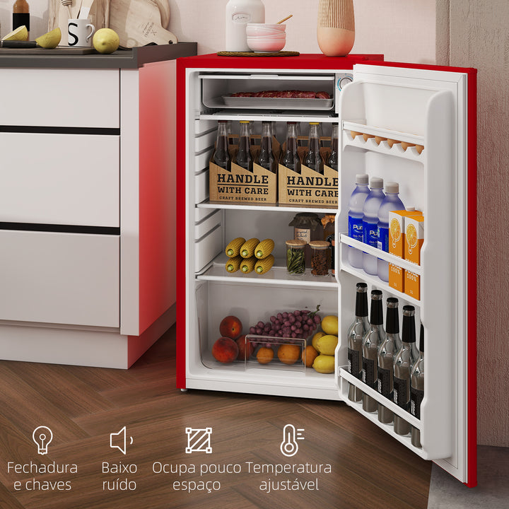 Mini Frigorífico 91L de Capacidade Frigorífico Elétrico Pequeno com Prateleira Ajustável Compartimento Congelador e Porta Reversível Silencioso 41dB 47,5x44,2x84 cm Vermelho