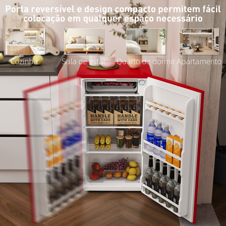 Mini Frigorífico 91L de Capacidade Frigorífico Elétrico Pequeno com Prateleira Ajustável Compartimento Congelador e Porta Reversível Silencioso 41dB 47,5x44,2x84 cm Vermelho
