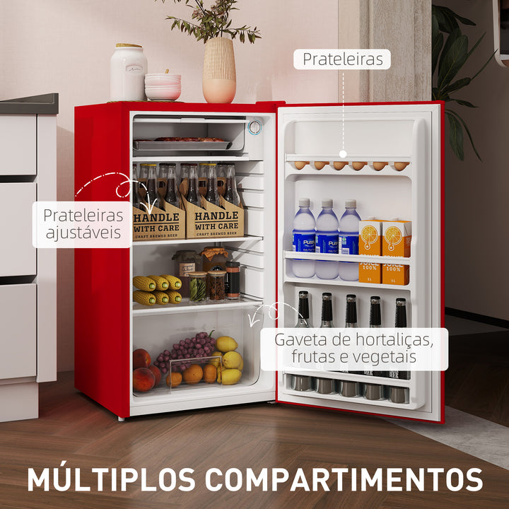 Mini Frigorífico 91L de Capacidade Frigorífico Elétrico Pequeno com Prateleira Ajustável Compartimento Congelador e Porta Reversível Silencioso 41dB 47,5x44,2x84 cm Vermelho