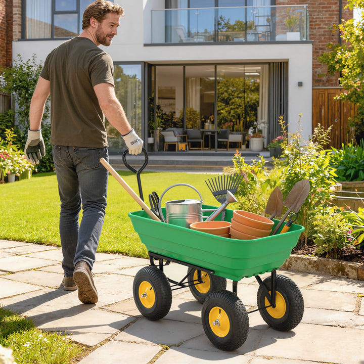 Carrinho de Jardim com Caçamba Inclinável até 75° Carrinho de Mão com Guiador Ajustável e 4 Pneus Capacidade Máxima 75L Aço 109x52x94 cm Verde Escuro