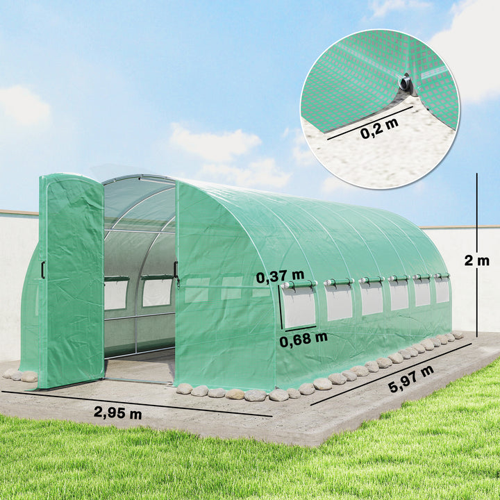 Estufa de Exterior 6x3x2 m Estufa Túnel com Porta com Dobradiças Janelas com Rede Cobertura PE 140g/m² e Estrutura de Aço Galvanizado Anti-UV, Impermeável para Cultivo Verde