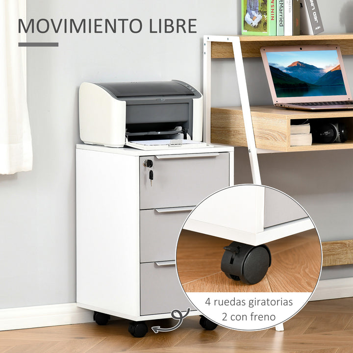 Armário de arquivo móvel para escritório com 3 gavetas Rodas de trava 40x40x63,5 cm Branco e cinza