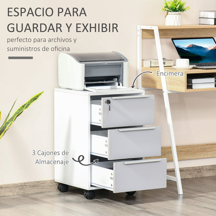 Armário de arquivo móvel para escritório com 3 gavetas Rodas de trava 40x40x63,5 cm Branco e cinza