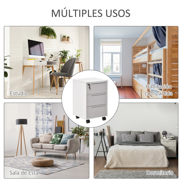 Armário de arquivo móvel para escritório com 3 gavetas Rodas de trava 40x40x63,5 cm Branco e cinza