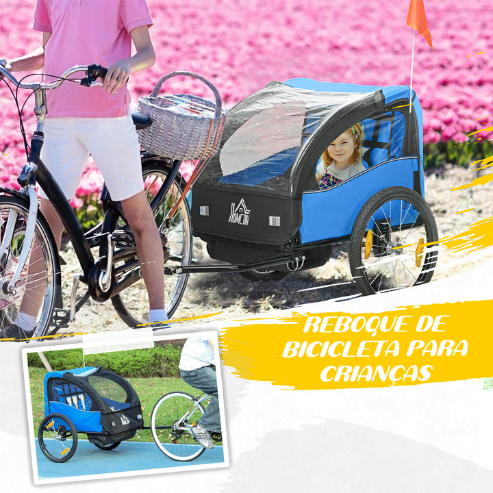 Reboque de Bicicleta para Crianças acima de 18 Meses Reboque de Bicicleta com 2 Lugares com Cinto de Segurança Espaço de Armazenamento e Sistema de Amortecimento 140x88x90 cm Azul