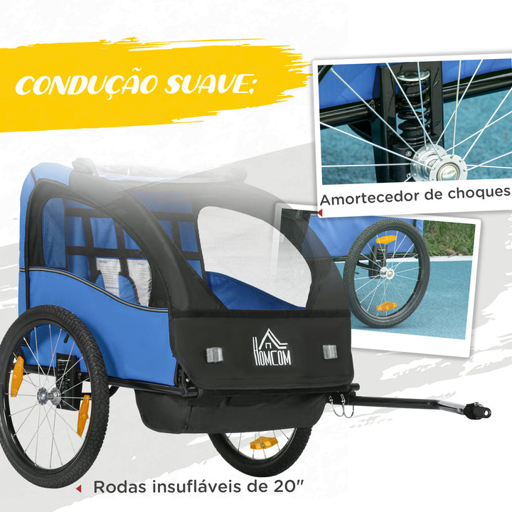 Reboque de Bicicleta para Crianças acima de 18 Meses Reboque de Bicicleta com 2 Lugares com Cinto de Segurança Espaço de Armazenamento e Sistema de Amortecimento 140x88x90 cm Azul