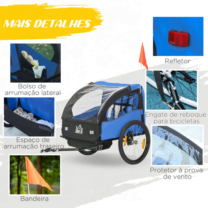 Reboque de Bicicleta para Crianças acima de 18 Meses Reboque de Bicicleta com 2 Lugares com Cinto de Segurança Espaço de Armazenamento e Sistema de Amortecimento 140x88x90 cm Azul