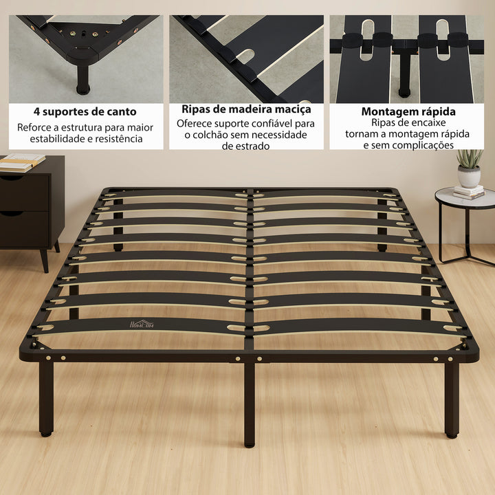 Estrutura de Cama 160x200 cm Altura 26 cm Plataforma de Aço com Espaço de Armazenamento Abaixo e Ripas de Álamo Fácil de Montar Carga 350 kg Preto