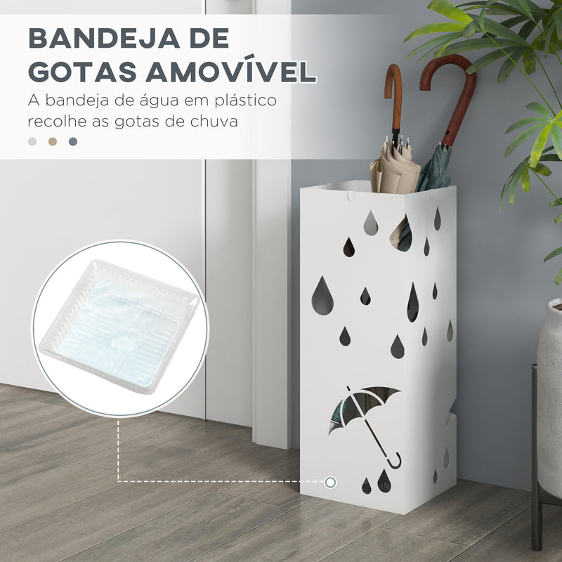 HOMOM Suporte para Guarda-Chuvas Branco com 4 Ganchos e Bandeja de Gotejamento Amovível Porta Guarda-Chuvas para Corredor Entrada 15,5x15,5x41 cm Branco