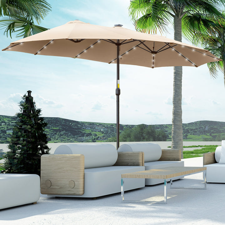 Chapéu de Sol Duplo de Jardim com 48 Luzes LED Solar 450x265x240cm Chapéu de Sol de Exterior com Manivela Proteção Solar para Terraço Balcão Piscina Cáqui