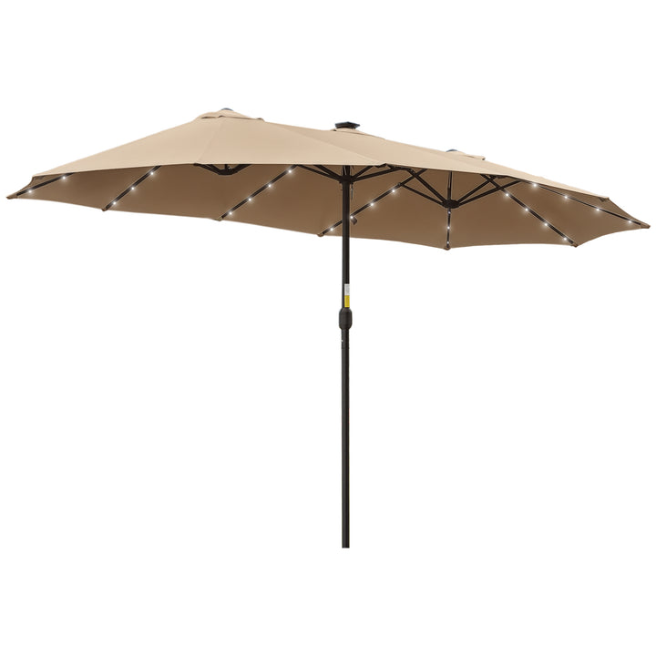 Chapéu de Sol Duplo de Jardim com 48 Luzes LED Solar 450x265x240cm Chapéu de Sol de Exterior com Manivela Proteção Solar para Terraço Balcão Piscina Cáqui