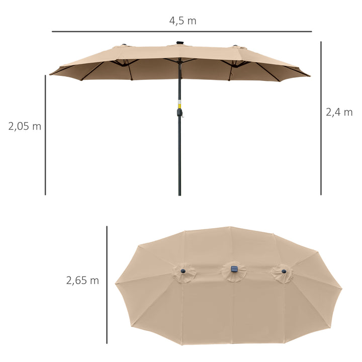 Chapéu de Sol Duplo de Jardim com 48 Luzes LED Solar 450x265x240cm Chapéu de Sol de Exterior com Manivela Proteção Solar para Terraço Balcão Piscina Cáqui
