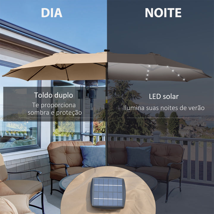 Chapéu de Sol Duplo de Jardim com 48 Luzes LED Solar 450x265x240cm Chapéu de Sol de Exterior com Manivela Proteção Solar para Terraço Balcão Piscina Cáqui