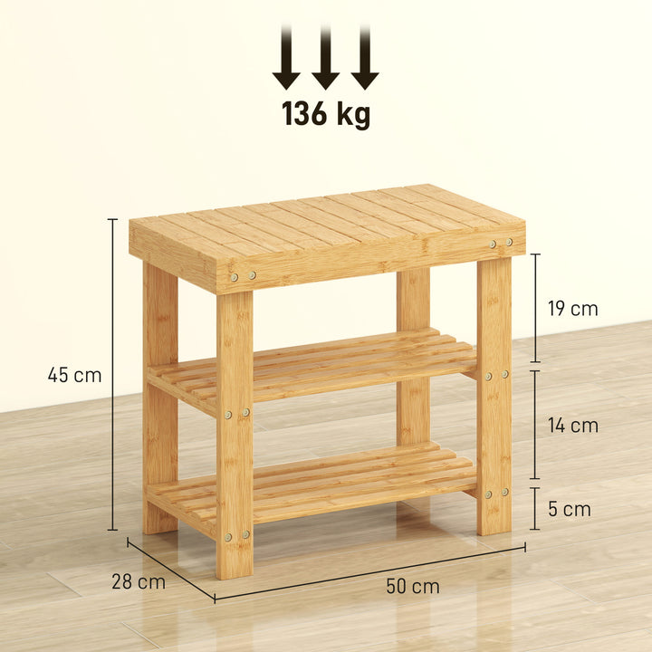 Banco Sapateira de Bambu Sapateira com Assento Organizador de Sapatos com 2 Prateleiras para 4 Pares de Sapatos para Entrada Sala de Estar Dormitório 50x28x45 cm Madeira
