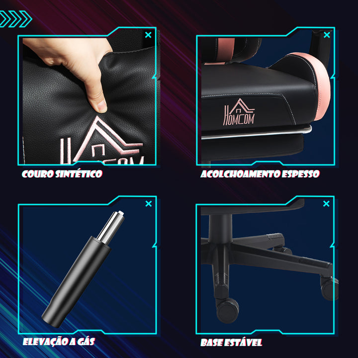 Cadeira Gaming com Orelhas Cadeira Gamer Reclinável com Altura Ajustável Apoio para os Pés Retrátil Suporte Lombar e Apoio para a Cabeça Desmontável Cadeira para Escritório 65x62x116-124 cm Preto