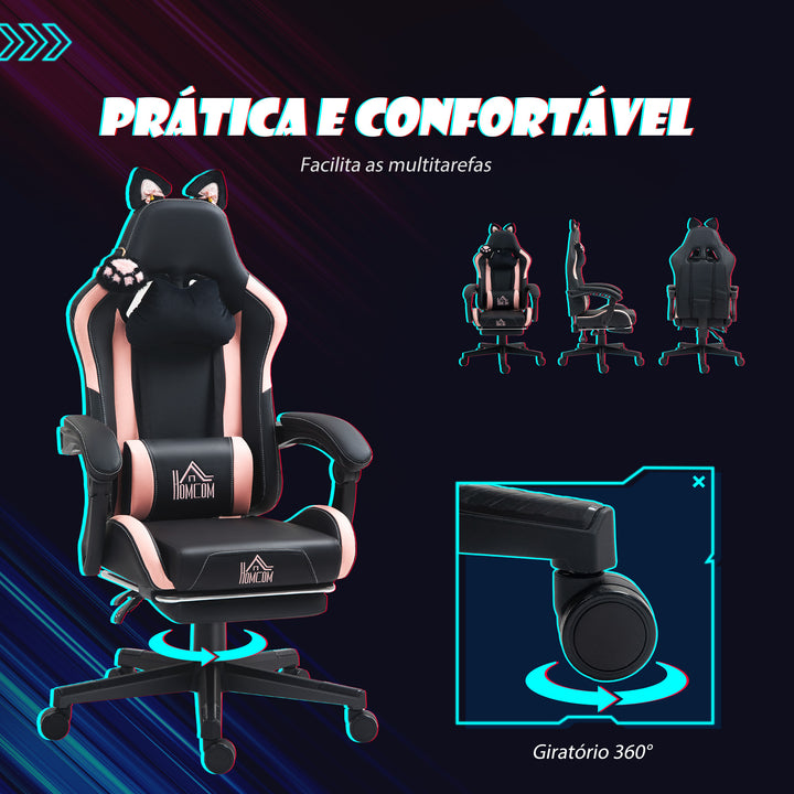 Cadeira Gaming com Orelhas Cadeira Gamer Reclinável com Altura Ajustável Apoio para os Pés Retrátil Suporte Lombar e Apoio para a Cabeça Desmontável Cadeira para Escritório 65x62x116-124 cm Preto