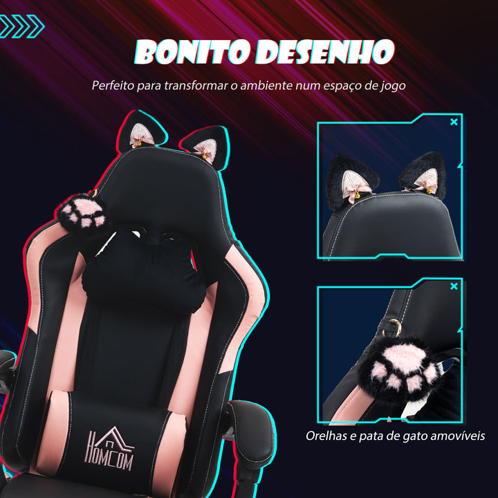 Cadeira Gaming com Orelhas Cadeira Gamer Reclinável com Altura Ajustável Apoio para os Pés Retrátil Suporte Lombar e Apoio para a Cabeça Desmontável Cadeira para Escritório 65x62x116-124 cm Preto
