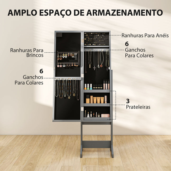 Espelho Joalheiro com Luzes LED Armário para Joias Joalheiro de Pé com Espelho Completo Ângulo Ajustável com Prateleiras Ranuras para Anéis 36x30x136 cm Cinzento