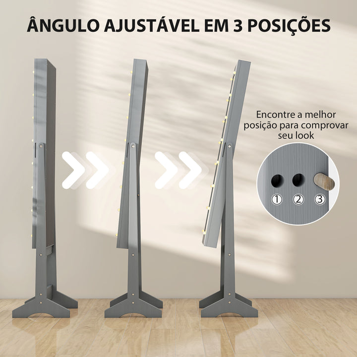 Espelho Joalheiro com Luzes LED Armário para Joias Joalheiro de Pé com Espelho Completo Ângulo Ajustável com Prateleiras Ranuras para Anéis 36x30x136 cm Cinzento