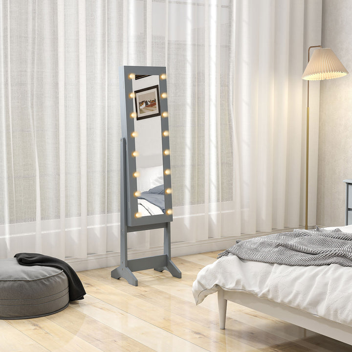 Espelho Joalheiro com Luzes LED Armário para Joias Joalheiro de Pé com Espelho Completo Ângulo Ajustável com Prateleiras Ranuras para Anéis 36x30x136 cm Cinzento