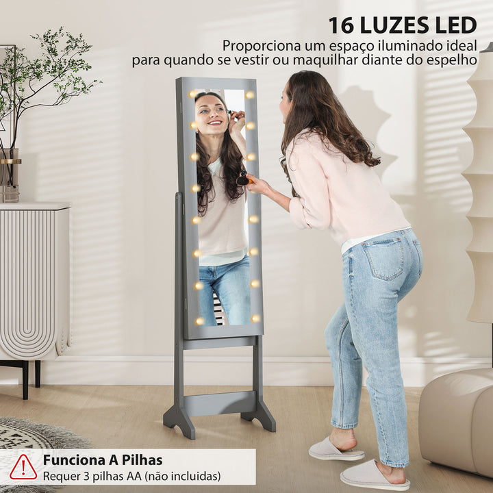 Espelho Joalheiro com Luzes LED Armário para Joias Joalheiro de Pé com Espelho Completo Ângulo Ajustável com Prateleiras Ranuras para Anéis 36x30x136 cm Cinzento