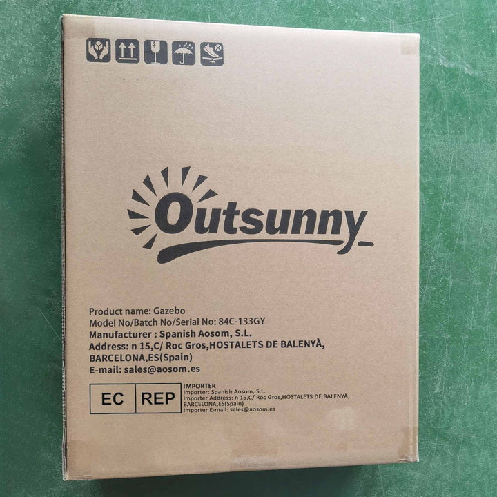 Pérgola de Jardim 294x294x265cm Pérgola de Exterior com Duplo Teto de Ventilação 8 Orifícios de Drenagem e 4 Telas Mosquiteiras com Fecho de Correr para Festas Pátio Cinza