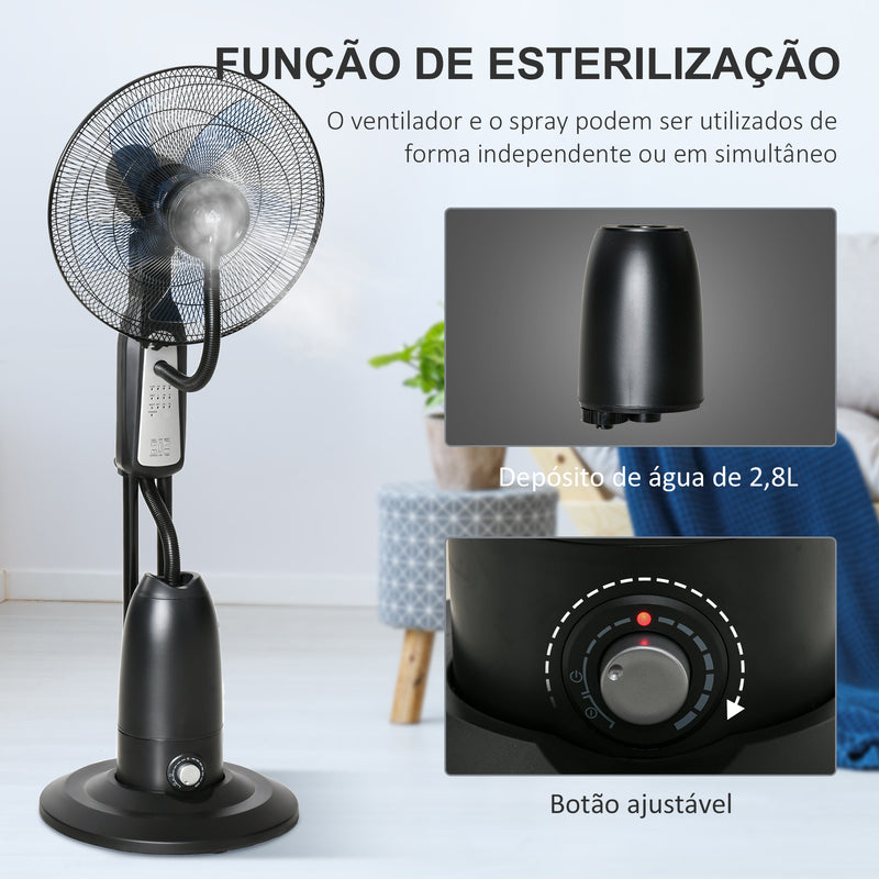 Ventoinha Nebulizadora Ventoinha com Água Oscilante 90W com Controlo Remoto 3 Modos 3 Velocidades Temporizador 7,5h e Depósito de Água 2,8L Ø44,5x120 cm Preto