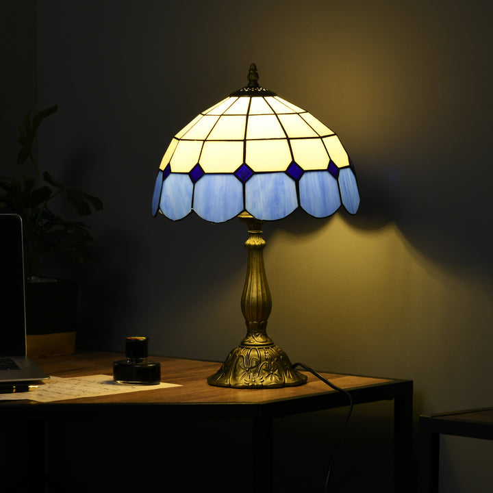 Candeeiro de Mesa com Desenho de Vitrais Coloridos Candeeiro de Mesa Feito a Mão Candeeiro de Mesa de Vidro para Dormitório Sala de Estar Escritório Ø31x48 cm Azul