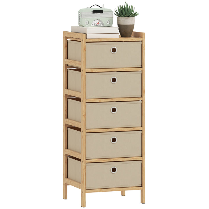Cómoda com 5 Gavetas em Tecido, Estrutura de Bambu, Ideal para Espaços Pequenos, Sala, Escritório ou Closet, Creme e Madeira