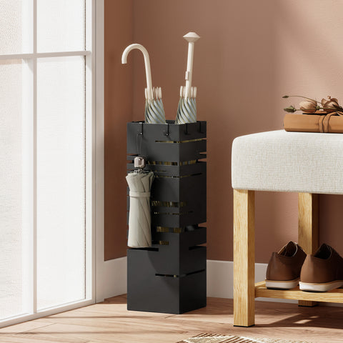 Suporte para Guarda Chuva Metálico com 4 Ganchos e Bandeja de Recolha de Gotas Removível Porta Guarda Chuva Branco para Entrada Escritório 15,5x15,5x49 cm Preto