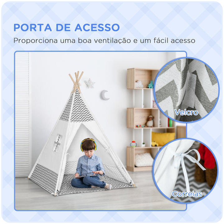 Tenda Tipi para Crianças acima de 3 Anos Tenda Infantil de Madeira Portátil com Janela Almofada e Bolsa de Transporte para Interiores e Exteriores 120x120x155cm Cinza