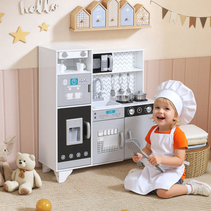 Cozinha de Madeira com Som Cozinha Infantil com Acessórios em Aço Inoxidável Micro-Ondas, Máquina de Gelo Cafeteira, Máquina de Lavar Loiça para Crianças a partir dos 3 Anos 79,5x24x83,8 cm Branco