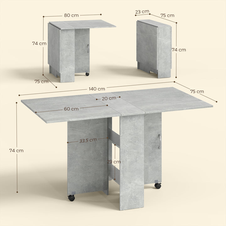 Mesa de Sala de Jantar Dobrável Mesa de Madeira com 2 Prateleiras de Armazenamento e Rodas para Cozinha 75x140x74 cm Cinza