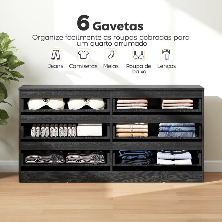 Cómoda com 6 Gavetas Estilo Moderno 140x40x71 cm Preto com Efeito Madeira