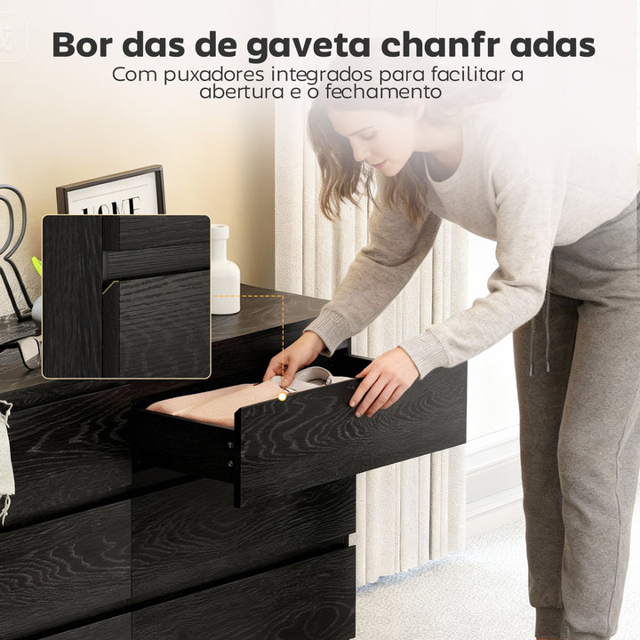 Cómoda com 6 Gavetas Estilo Moderno 140x40x71 cm Preto com Efeito Madeira