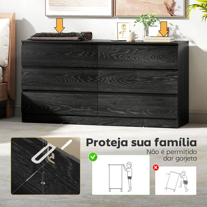 Cómoda com 6 Gavetas Estilo Moderno 140x40x71 cm Preto com Efeito Madeira