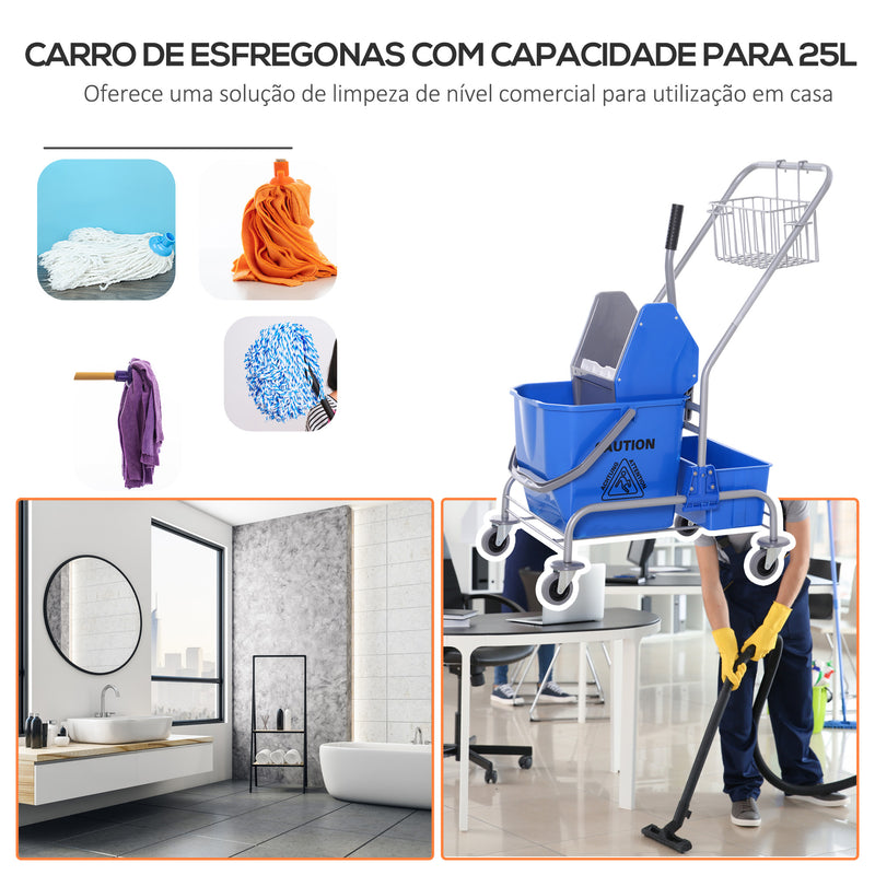 Carro de Limpeza Profissional Balde de Esfregona com Rodas Balde Removível de 25 Litros Espremedor de Pressão Cesto e Cubeta 72x49,5x95 cm Azul