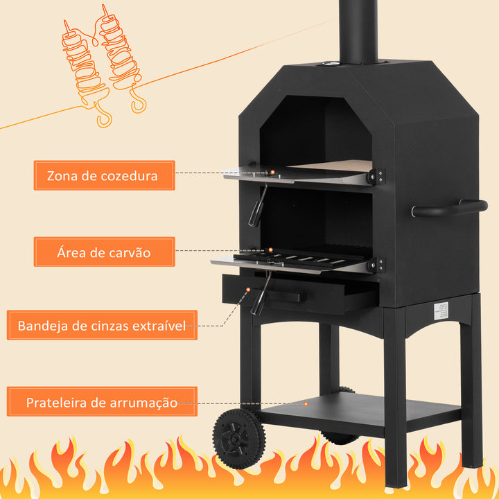 Forno de Pizza Exterior com 2 Camadas Forno a Lenha com Rodas Gaveta Removível Prateleira de Armazenamento para Terraço Campismo Jardim 64x54x160 cm Preto