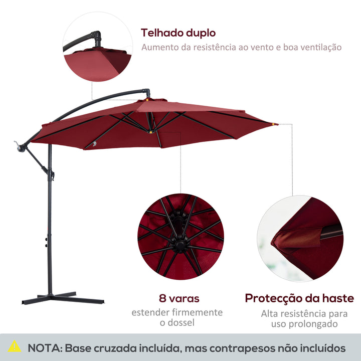 Chapéu de Sol de Jardim Ø295x245 cm Chapéu de Sol Excêntrico Inclinável com Manivela Base Cruzada Suporte de Aço e Proteção Solar para Terraço Exterior Vinho