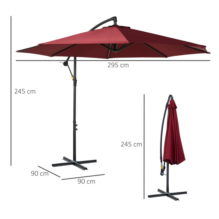 Chapéu de Sol de Jardim Ø295x245 cm Chapéu de Sol Excêntrico Inclinável com Manivela Base Cruzada Suporte de Aço e Proteção Solar para Terraço Exterior Vinho
