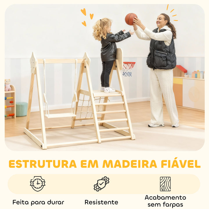 Escorrega Infantil 5 em 1 Estrutura de Escalada de Madeira com Escorrega Baloiço Cesto de Basquetebol Prancha Rede de Escalada Parque Dobrável para Crianças de 3-6 Anos 140x172,5x116,5 cm Madeira