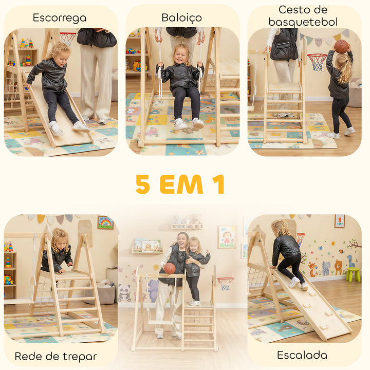 Escorrega Infantil 5 em 1 Estrutura de Escalada de Madeira com Escorrega Baloiço Cesto de Basquetebol Prancha Rede de Escalada Parque Dobrável para Crianças de 3-6 Anos 140x172,5x116,5 cm Madeira