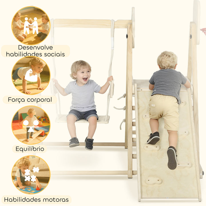 Escorrega Infantil 5 em 1 Estrutura de Escalada de Madeira com Escorrega Baloiço Cesto de Basquetebol Prancha Rede de Escalada Parque Dobrável para Crianças de 3-6 Anos 140x172,5x116,5 cm Madeira