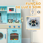 Cozinha de Madeira para Crianças acima de 3 Anos Cozinha Infantil com Sons Fogão Forno Micro-Ondas Máquina de Gelo e Acessórios 90x33,3x91,6 cm Azul