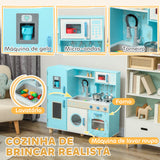 Cozinha de Madeira para Crianças acima de 3 Anos Cozinha Infantil com Sons Fogão Forno Micro-Ondas Máquina de Gelo e Acessórios 90x33,3x91,6 cm Azul