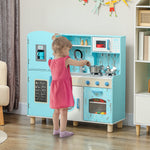 Cozinha de Madeira para Crianças acima de 3 Anos Cozinha Infantil com Sons Fogão Forno Micro-Ondas Máquina de Gelo e Acessórios 90x33,3x91,6 cm Azul