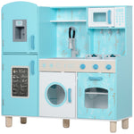 Cozinha de Madeira para Crianças acima de 3 Anos Cozinha Infantil com Sons Fogão Forno Micro-Ondas Máquina de Gelo e Acessórios 90x33,3x91,6 cm Azul