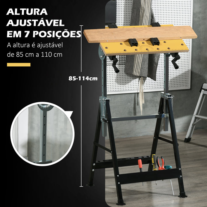 Bancada de trabalho ajustável em altura com 4 pinos giratórios com tabletes ajustáveis em ângulo e distância 65x60,5x85-110 cm Madeira natural e preta
