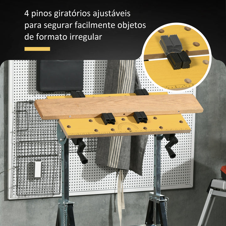 Bancada de trabalho ajustável em altura com 4 pinos giratórios com tabletes ajustáveis em ângulo e distância 65x60,5x85-110 cm Madeira natural e preta